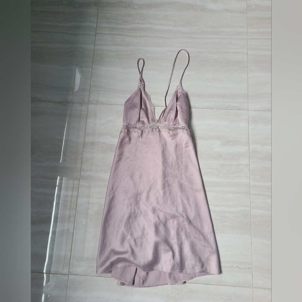 Silky Lace-Trim Slip Dress - Night Gown- Dusty Pink